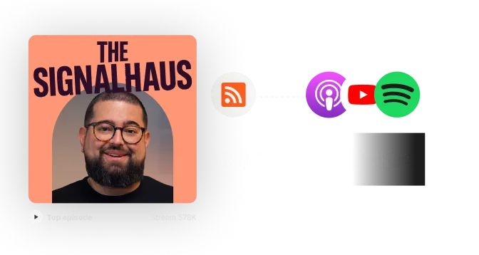 Podcast cover for The Signalhaus featuring a smiling man with glasses and beard, alongside icons for RSS, Apple Podcasts, YouTube, and Spotify.